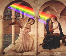 Verkündigung (Bild: Fra Angelico und Greg McKenzie Elson) Bild zum Drehbuch Andere Umstände von Elias Candolini. Montage aus Fra Angelicos Verkündigung von Greg McKenzie Elson